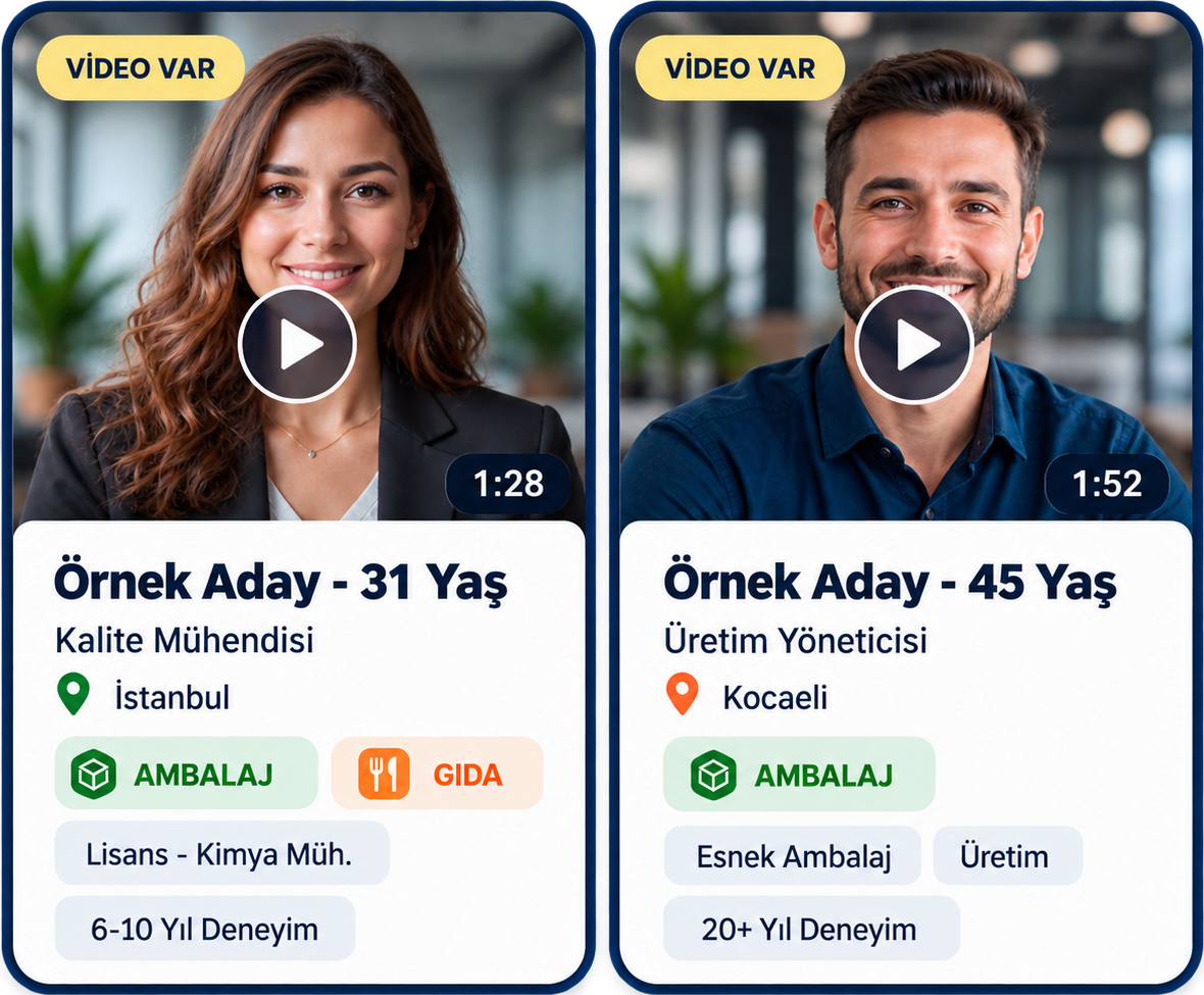 Video tanıtımlı iki temsili aday profili: kalite mühendisi ve üretim yöneticisi.